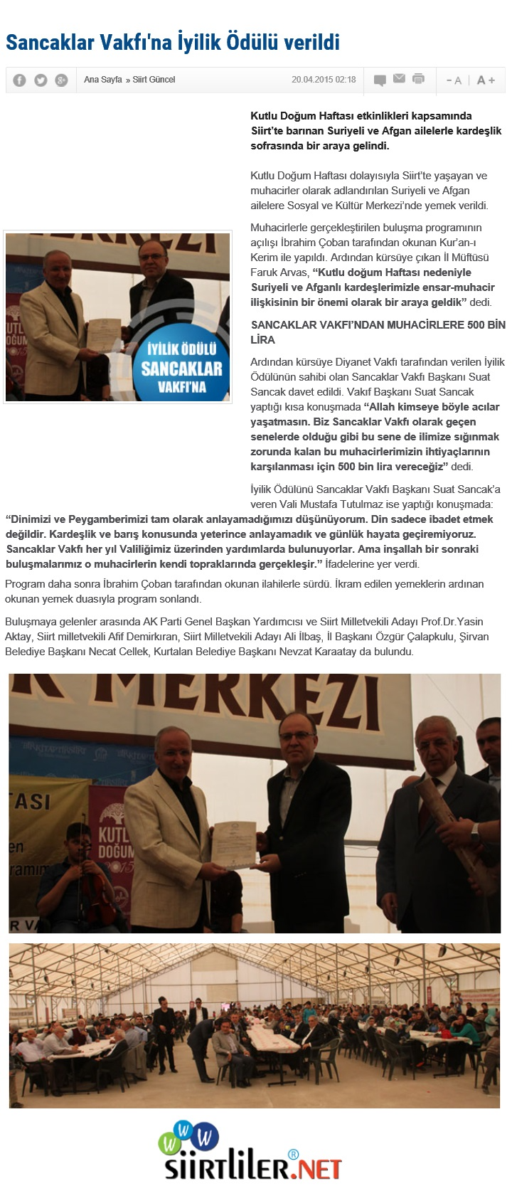 Sancaklar Vakfna yilik Ödülü
